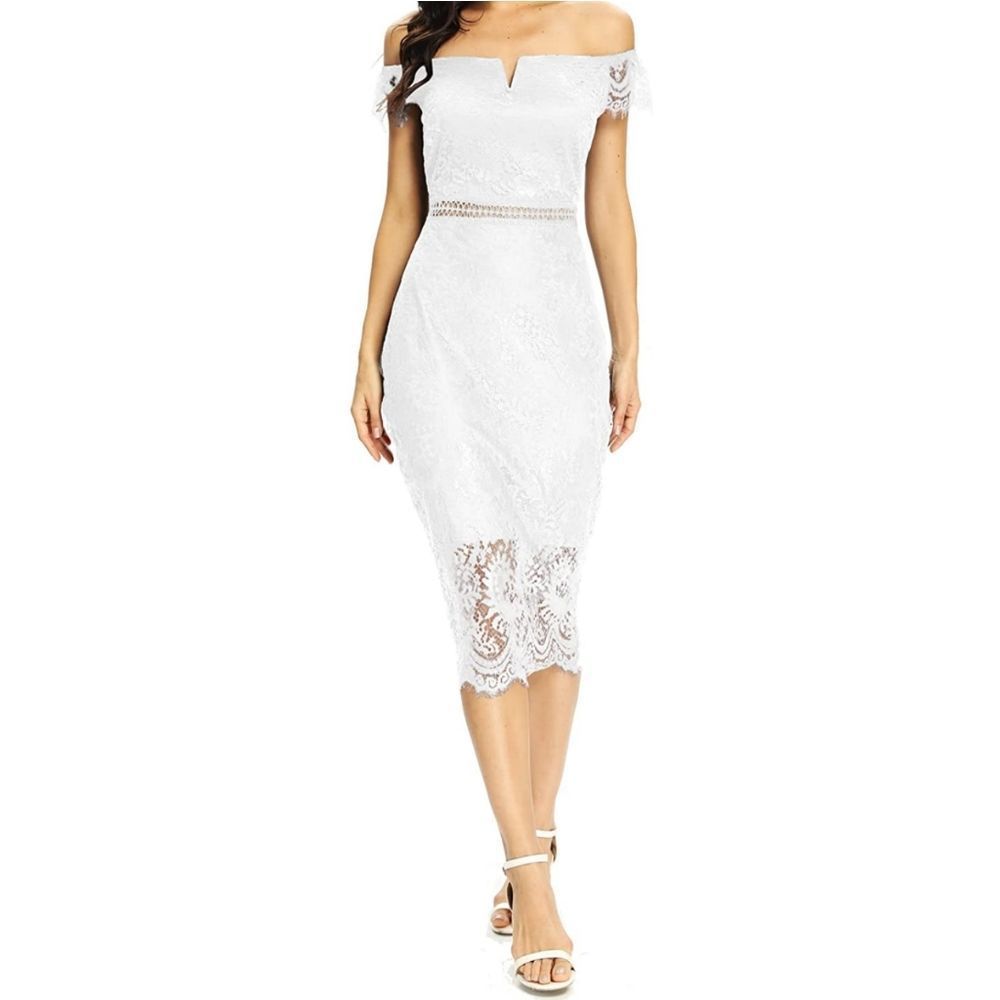 Women's White Elegant Floral Lace Cocktail Dress Size L